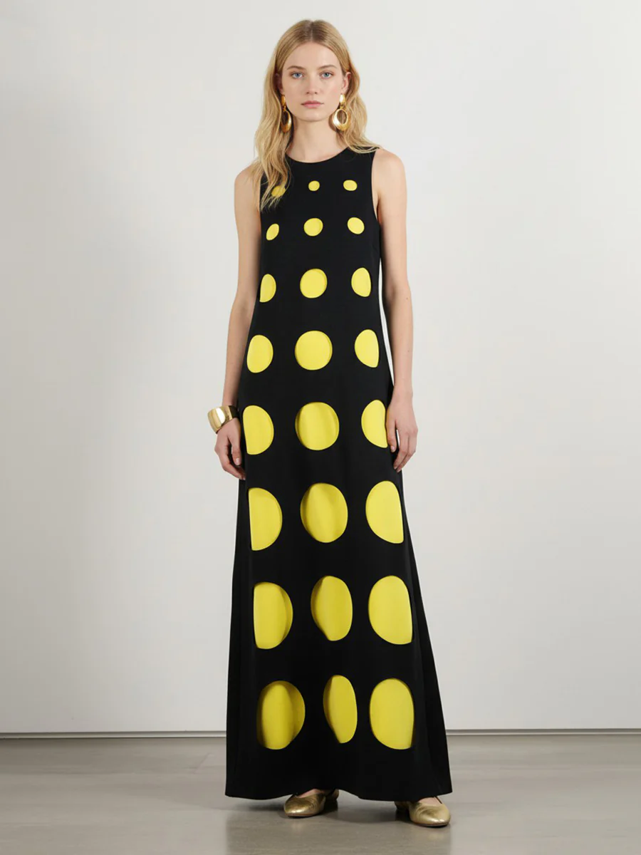 Loose Sleeveless Contrast Color Polka-Dot Split-Joint Round-Neck Maxi Dresses - Image 6