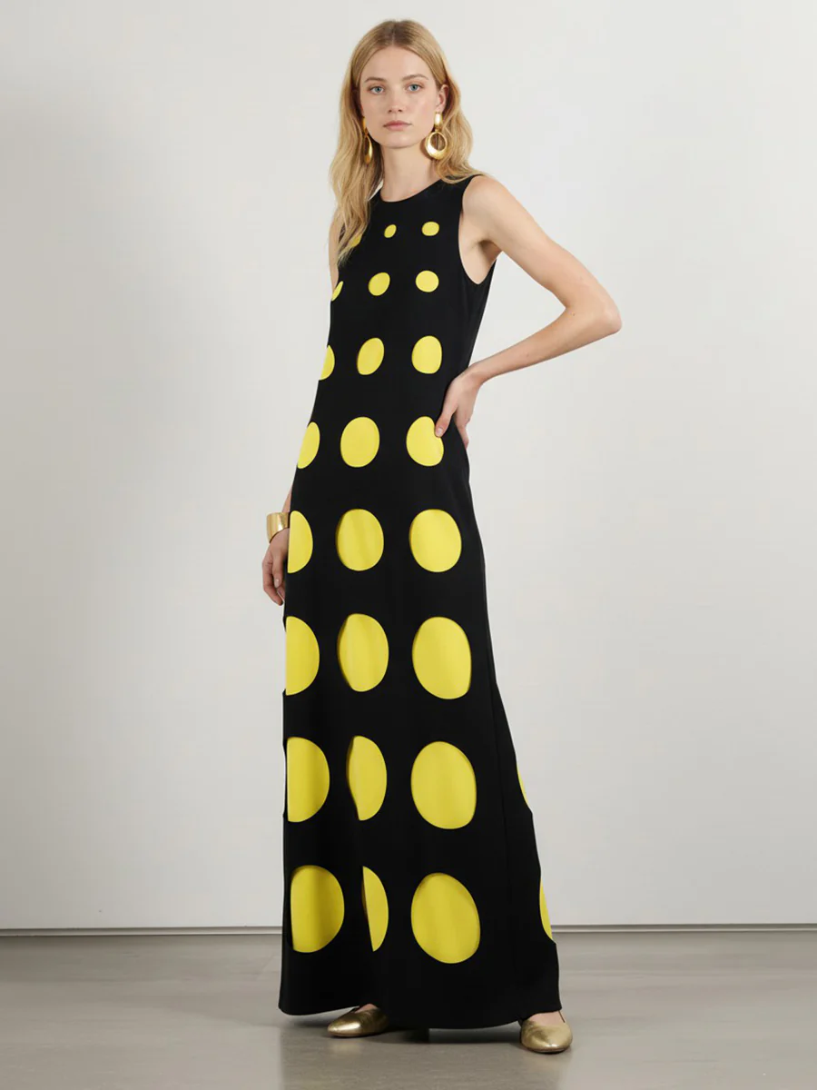 Loose Sleeveless Contrast Color Polka-Dot Split-Joint Round-Neck Maxi Dresses - Image 7