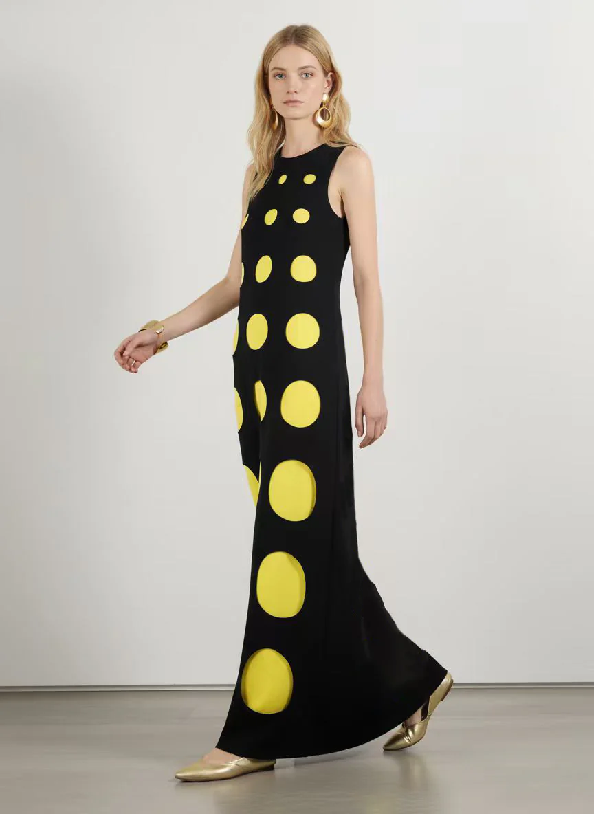 Loose Sleeveless Contrast Color Polka-Dot Split-Joint Round-Neck Maxi Dresses - Image 8
