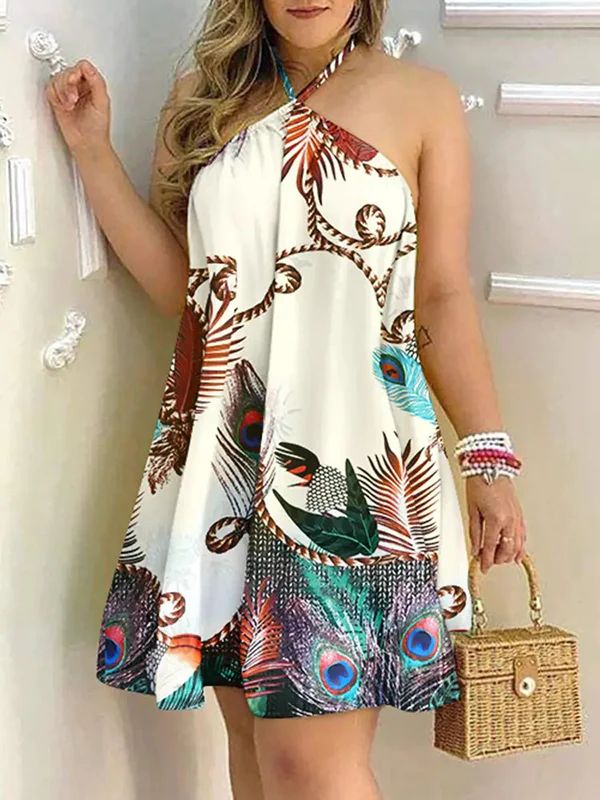 Loose Sleeveless Contrast Color Printed Halter-Neck Mini Dresses