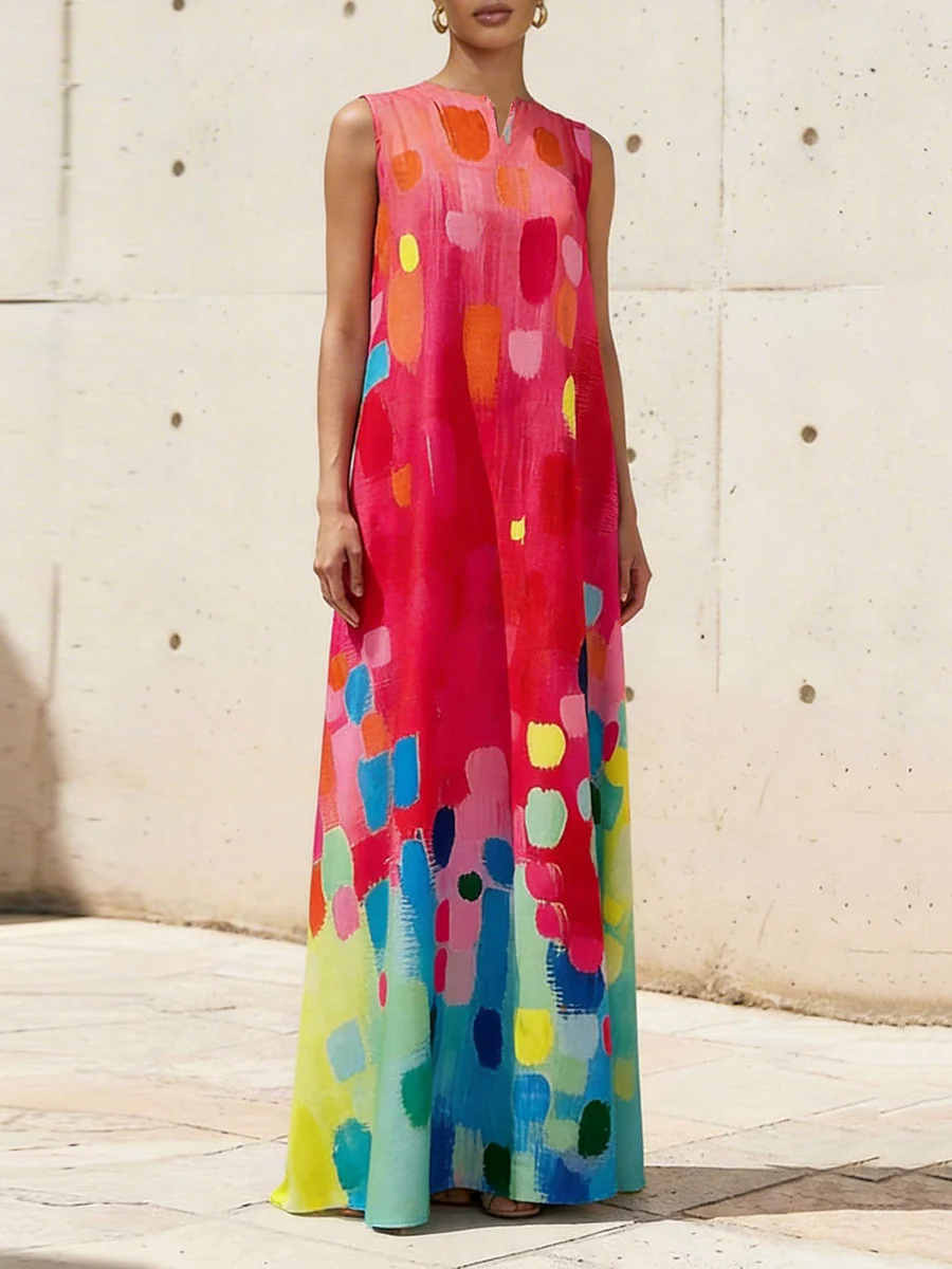 Loose Sleeveless Contrast Color Printed V-Neck Maxi Dresses - Image 2