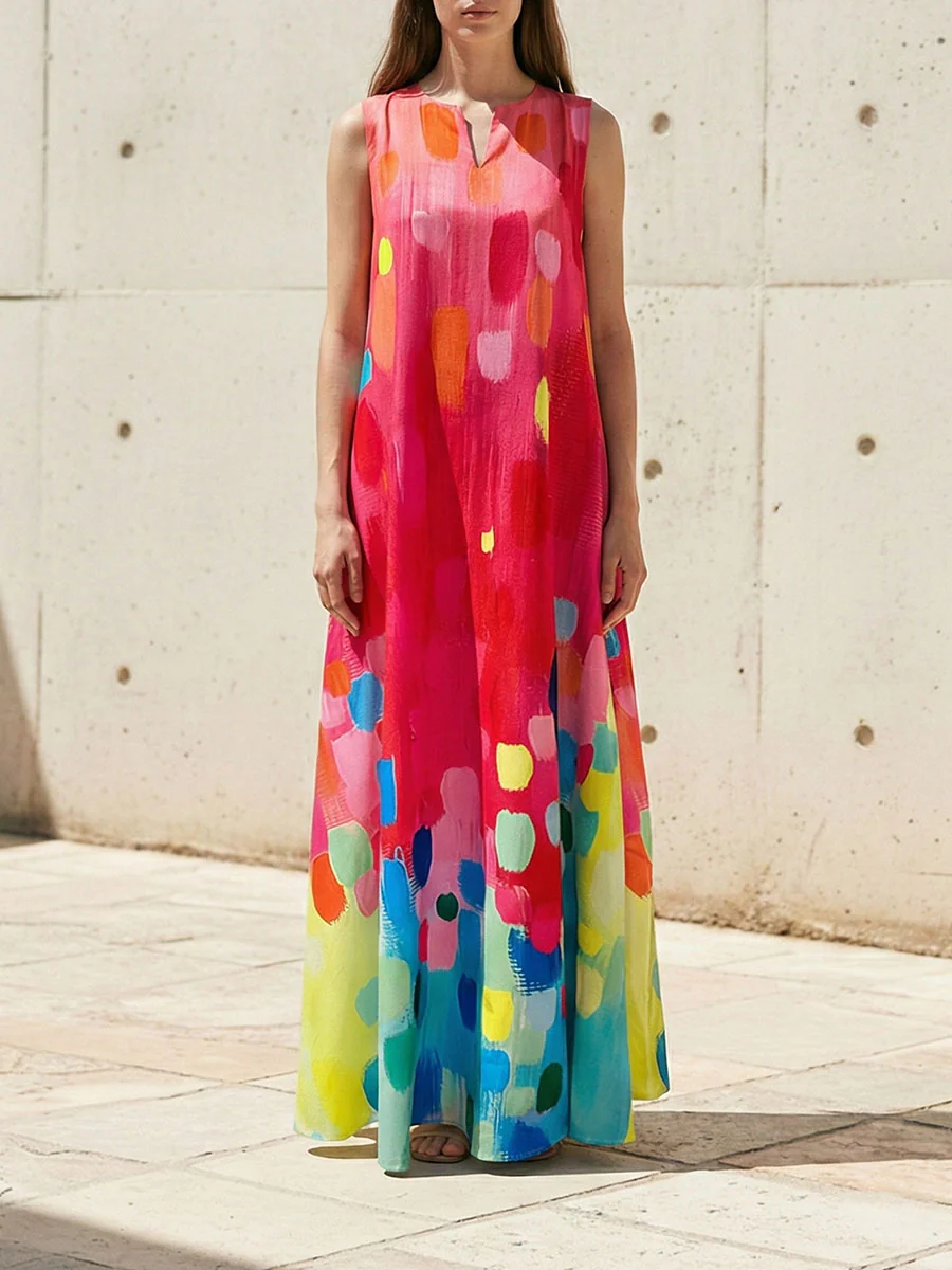 Loose Sleeveless Contrast Color Printed V-Neck Maxi Dresses - Image 3