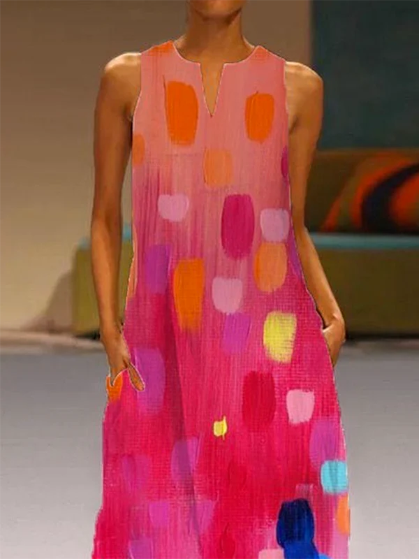Loose Sleeveless Contrast Color Printed V-Neck Maxi Dresses - Image 4