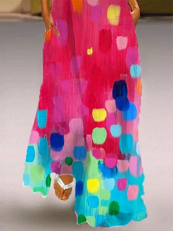 Loose Sleeveless Contrast Color Printed V-Neck Maxi Dresses - Image 5