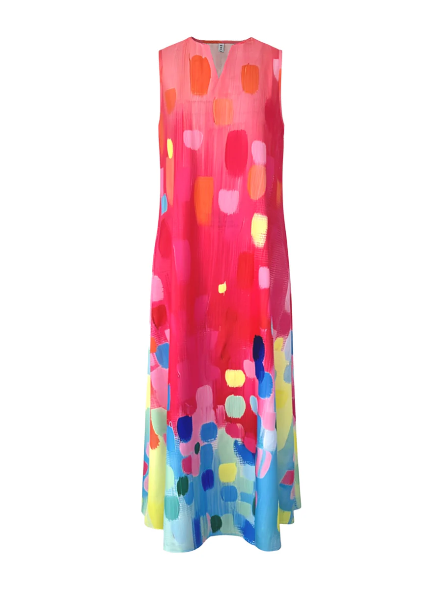 Loose Sleeveless Contrast Color Printed V-Neck Maxi Dresses - Image 7