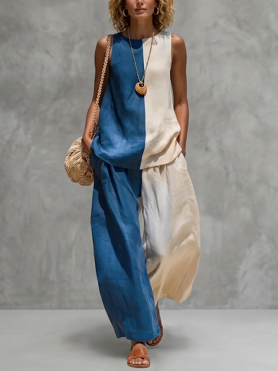 Loose Sleeveless Contrast Color Round-Neck Blouses&Shirts Tops + Pleated Pockets Casual Trousers Pants Bottoms Two Pieces Set