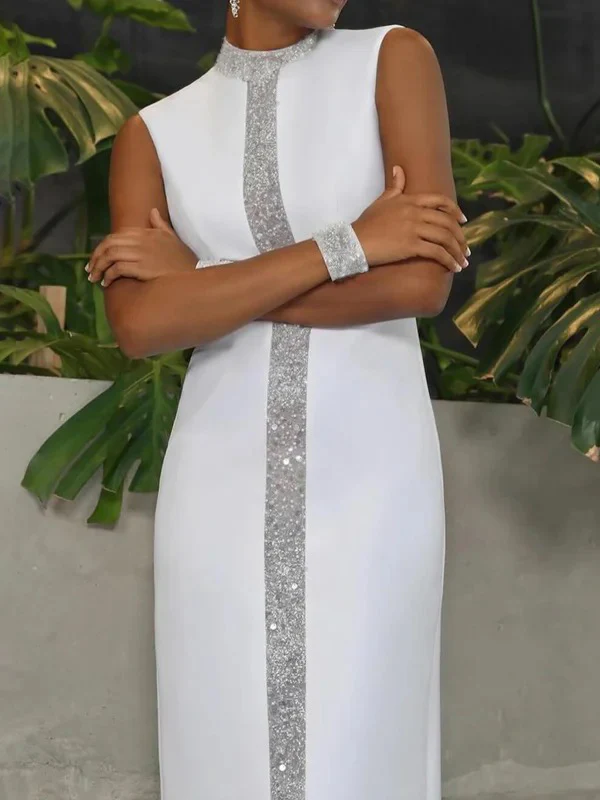 Loose Sleeveless Contrast Color Shiny Split-Back Mock Neck Maxi Dresses - Image 4