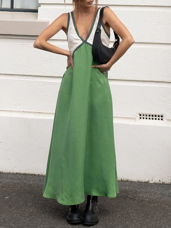 Loose Sleeveless Contrast Color Split-Joint Deep V-Neck Maxi Dresses - Image 10
