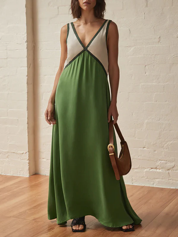 Loose Sleeveless Contrast Color Split-Joint Deep V-Neck Maxi Dresses - Image 11