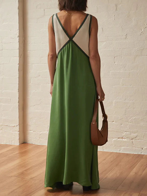 Loose Sleeveless Contrast Color Split-Joint Deep V-Neck Maxi Dresses - Image 12