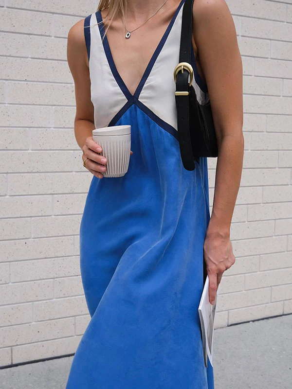 Loose Sleeveless Contrast Color Split-Joint Deep V-Neck Maxi Dresses - Image 14