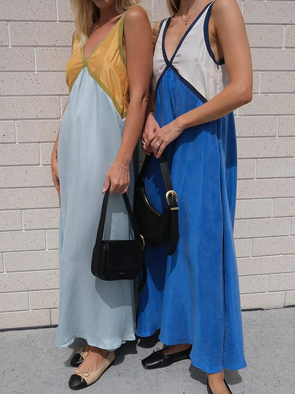 Loose Sleeveless Contrast Color Split-Joint Deep V-Neck Maxi Dresses - Image 17