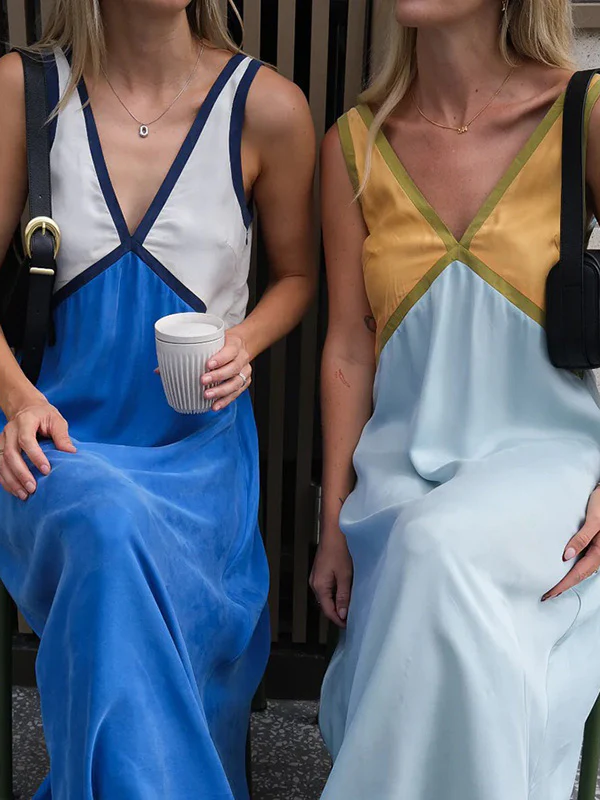 Loose Sleeveless Contrast Color Split-Joint Deep V-Neck Maxi Dresses - Image 19