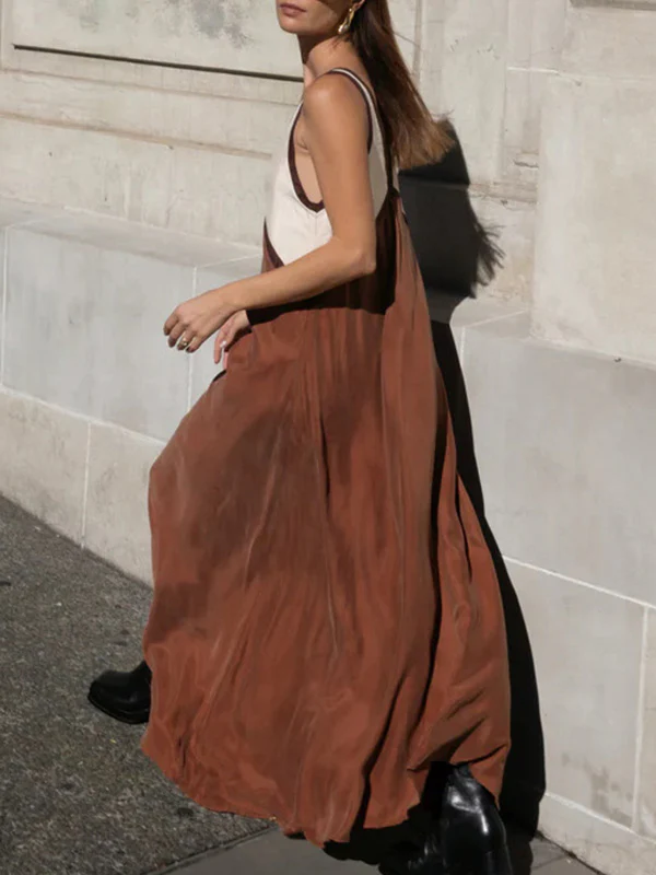 Loose Sleeveless Contrast Color Split-Joint Deep V-Neck Maxi Dresses - Image 2