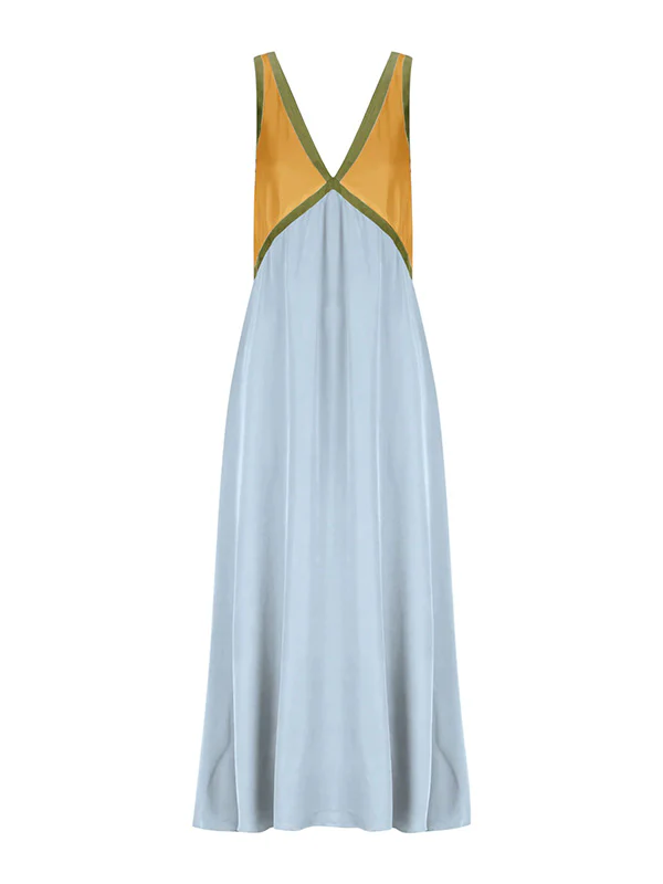 Loose Sleeveless Contrast Color Split-Joint Deep V-Neck Maxi Dresses - Image 20