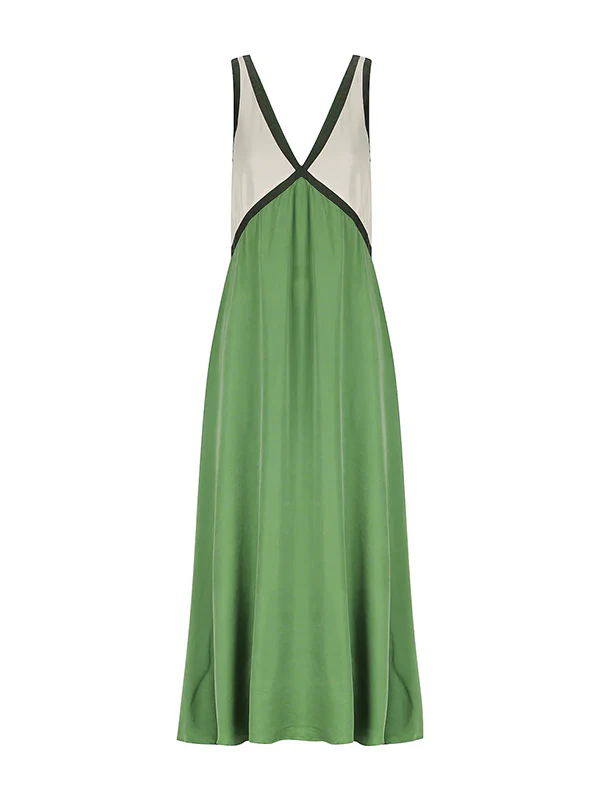 Loose Sleeveless Contrast Color Split-Joint Deep V-Neck Maxi Dresses - Image 21