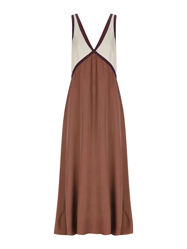 Loose Sleeveless Contrast Color Split-Joint Deep V-Neck Maxi Dresses - Image 22
