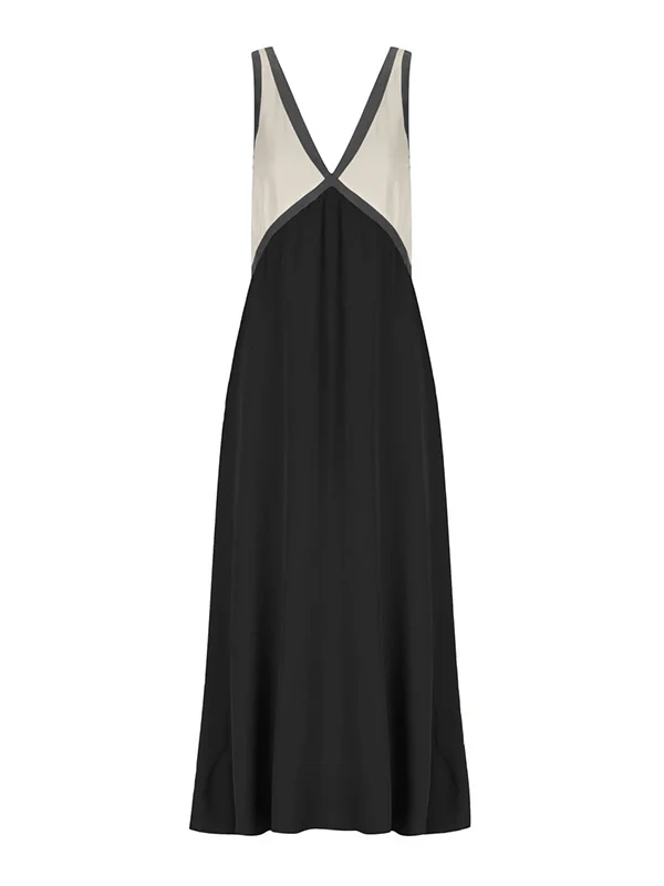 Loose Sleeveless Contrast Color Split-Joint Deep V-Neck Maxi Dresses - Image 23