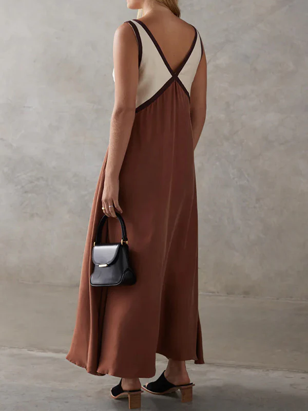 Loose Sleeveless Contrast Color Split-Joint Deep V-Neck Maxi Dresses - Image 3