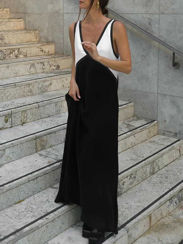 Loose Sleeveless Contrast Color Split-Joint Deep V-Neck Maxi Dresses - Image 4