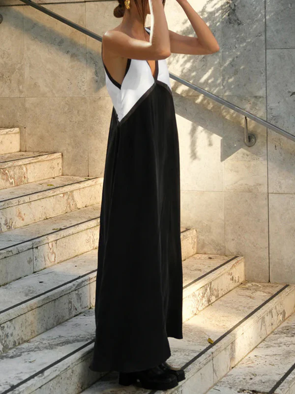 Loose Sleeveless Contrast Color Split-Joint Deep V-Neck Maxi Dresses - Image 5
