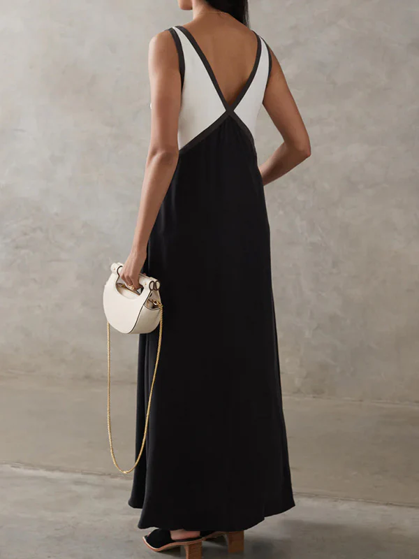 Loose Sleeveless Contrast Color Split-Joint Deep V-Neck Maxi Dresses - Image 6