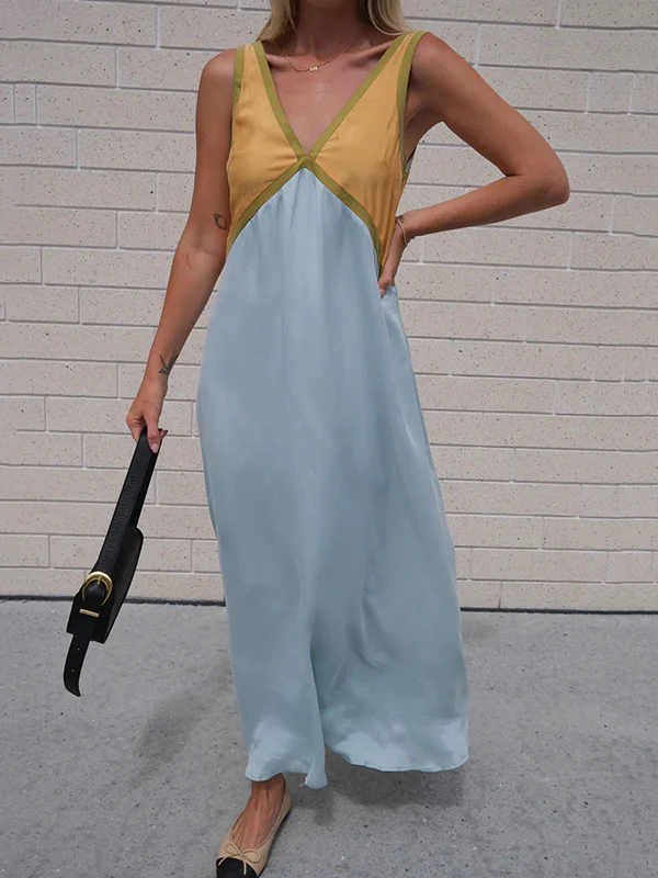 Loose Sleeveless Contrast Color Split-Joint Deep V-Neck Maxi Dresses - Image 7