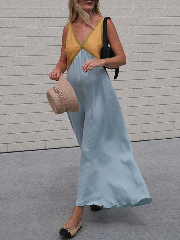 Loose Sleeveless Contrast Color Split-Joint Deep V-Neck Maxi Dresses - Image 8
