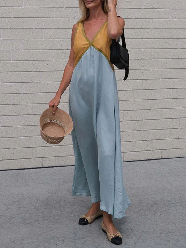Loose Sleeveless Contrast Color Split-Joint Deep V-Neck Maxi Dresses - Image 9