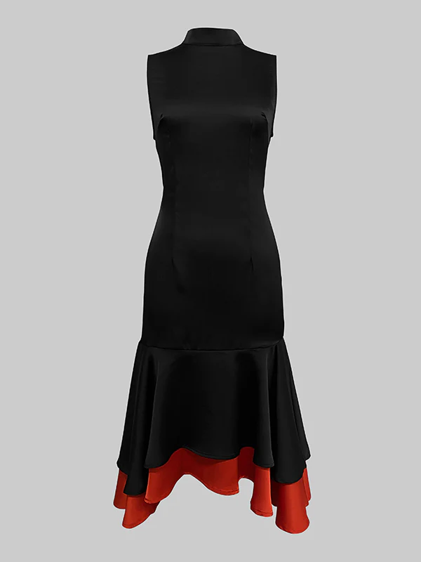 Loose Sleeveless Contrast Color Split-Joint Tiered High Neck Evening Dresses Midi Dresses - Image 5