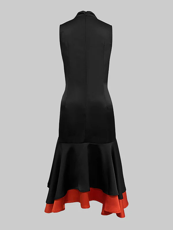 Loose Sleeveless Contrast Color Split-Joint Tiered High Neck Evening Dresses Midi Dresses - Image 6