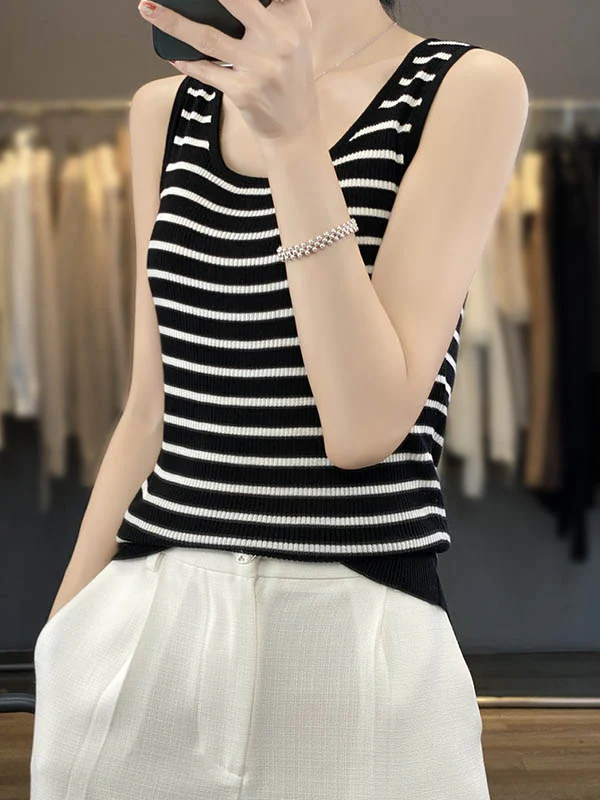 Loose Sleeveless Contrast Color Striped U-Neck Vest Top - Image 2
