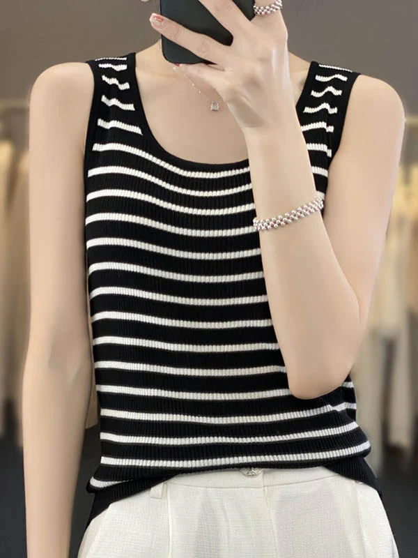 Loose Sleeveless Contrast Color Striped U-Neck Vest Top - Image 3