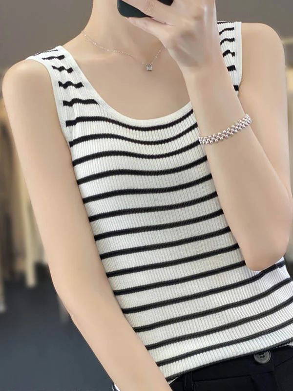 Loose Sleeveless Contrast Color Striped U-Neck Vest Top - Image 4