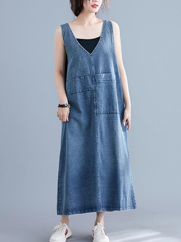 Loose Sleeveless Denim V-Neck Midi Dress - Image 2