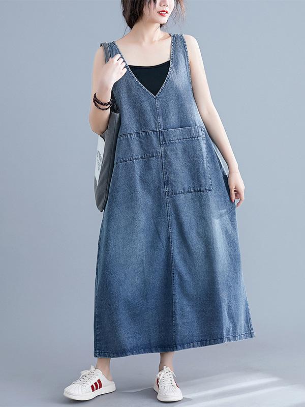 Loose Sleeveless Denim V-Neck Midi Dress - Image 3