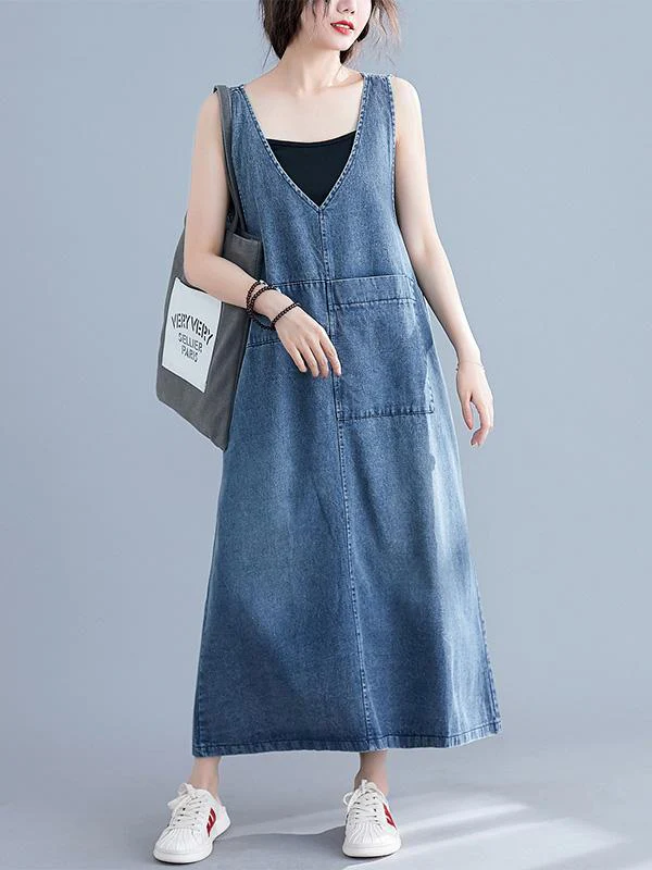 Loose Sleeveless Denim V-Neck Midi Dress - Image 4
