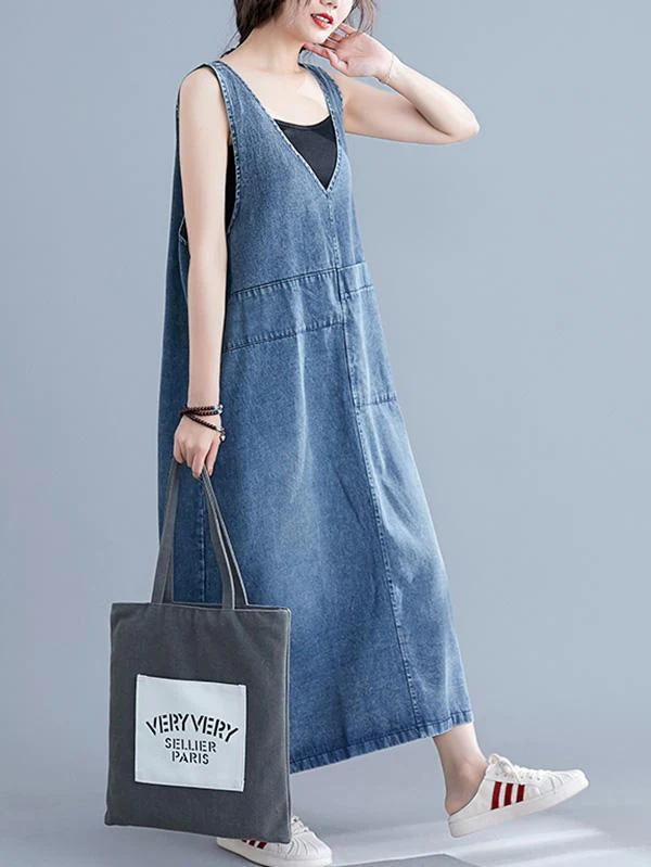 Loose Sleeveless Denim V-Neck Midi Dress - Image 5