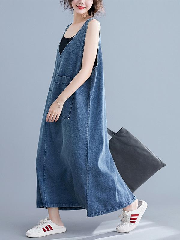 Loose Sleeveless Denim V-Neck Midi Dress - Image 6