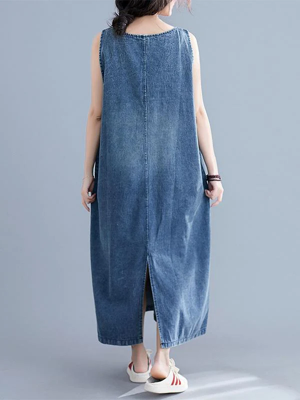 Loose Sleeveless Denim V-Neck Midi Dress - Image 7