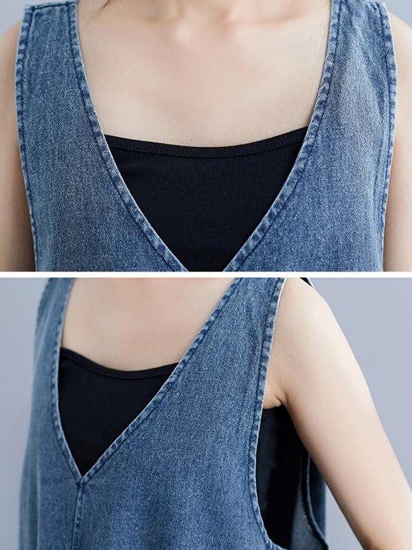 Loose Sleeveless Denim V-Neck Midi Dress - Image 8