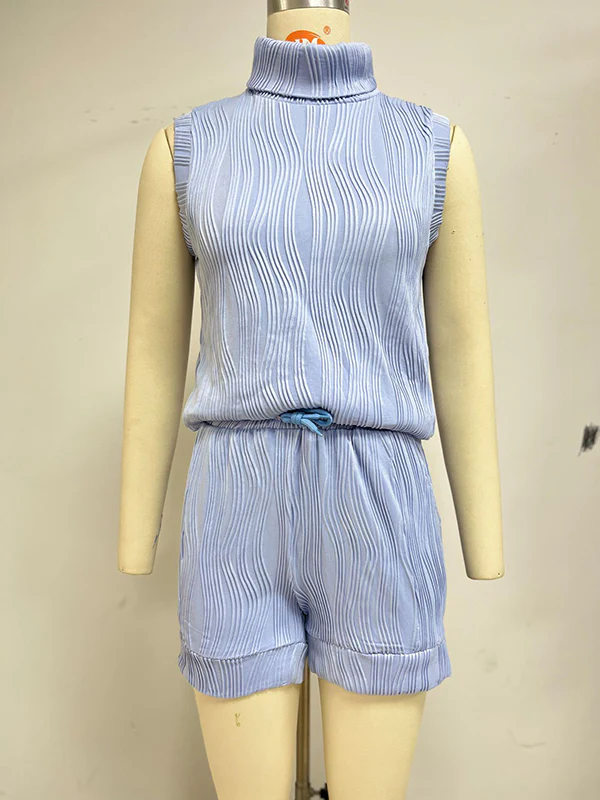 Loose Sleeveless Drawstring Jacquard Solid Color Split-Joint High Neck Vest Top + Pockets Shorts Bottom Two Pieces Set - Image 21