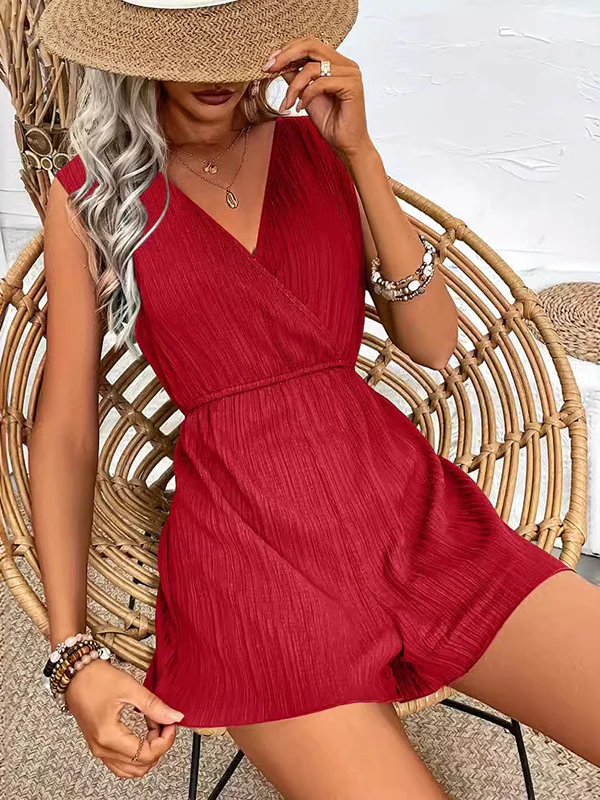 Loose Sleeveless Elasticity Pleated Solid Color Split-Joint V-Neck Rompers - Image 2