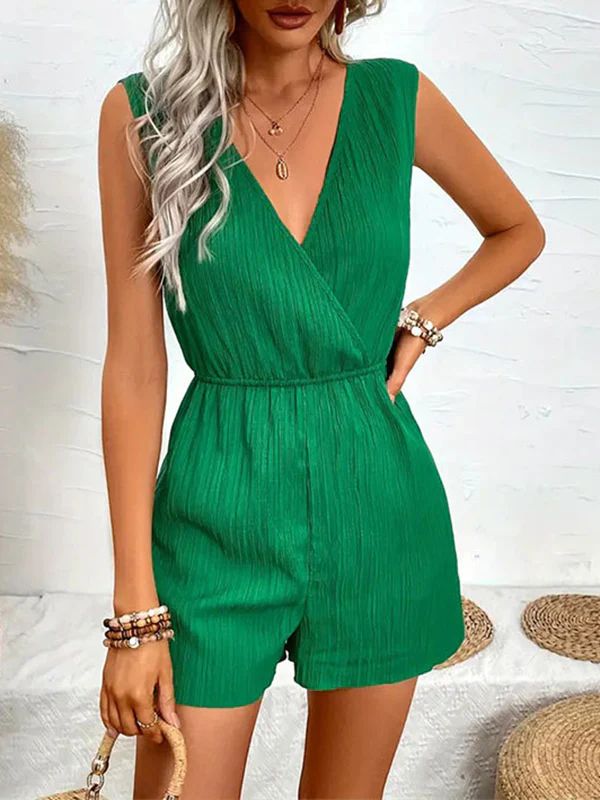 Loose Sleeveless Elasticity Pleated Solid Color Split-Joint V-Neck Rompers - Image 5