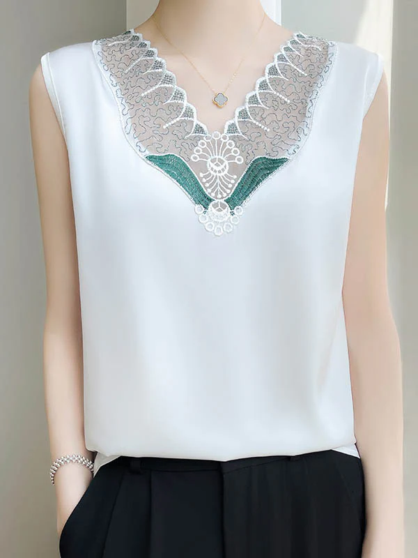 Loose Sleeveless Embroidered Mesh Split-Joint V-Neck Vest Top - Image 2