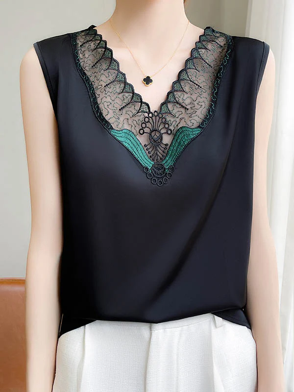 Loose Sleeveless Embroidered Mesh Split-Joint V-Neck Vest Top - Image 3
