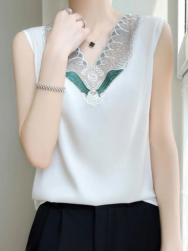 Loose Sleeveless Embroidered Mesh Split-Joint V-Neck Vest Top - Image 5