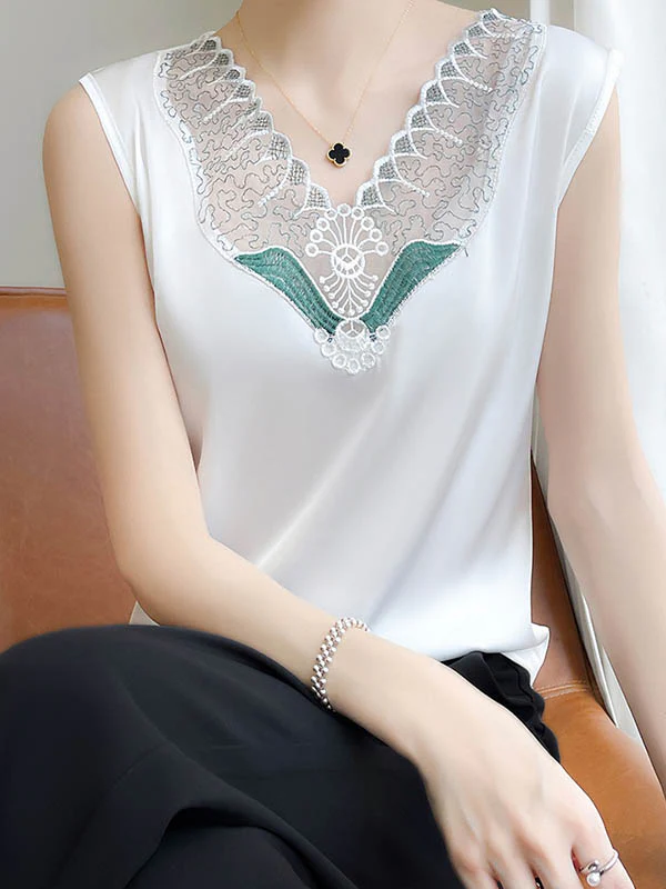Loose Sleeveless Embroidered Mesh Split-Joint V-Neck Vest Top - Image 6