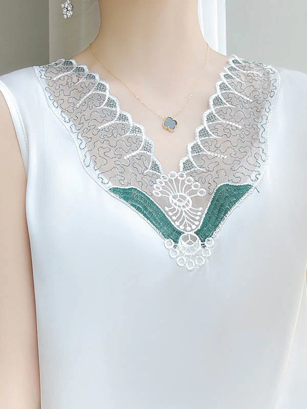 Loose Sleeveless Embroidered Mesh Split-Joint V-Neck Vest Top - Image 7