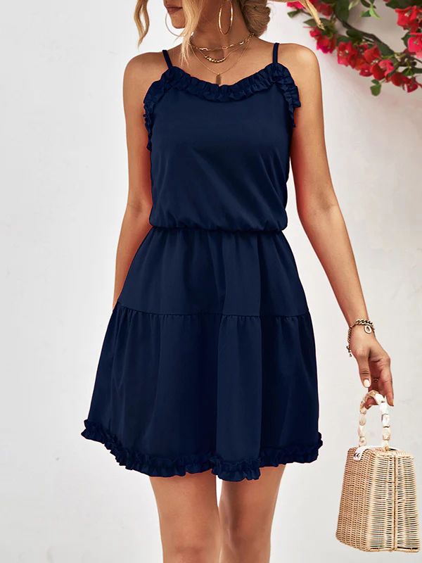 Loose Sleeveless Falbala Solid Color Spaghetti-Neck Mini Dresses - Image 2